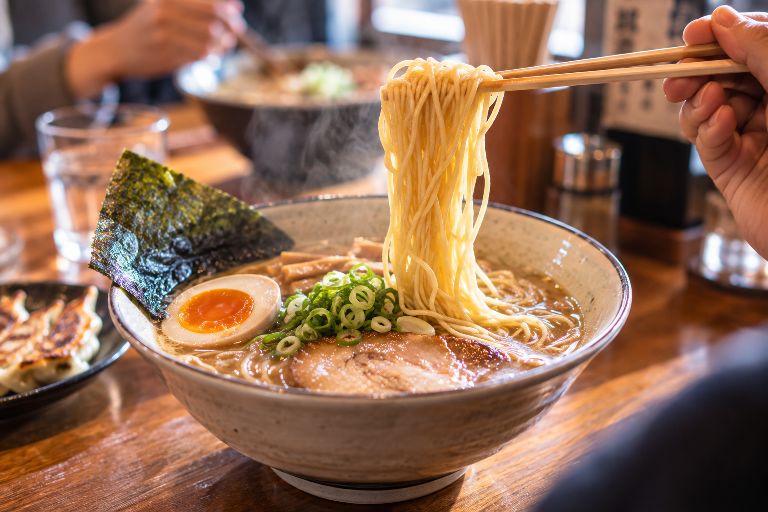 湯気の立つラーメンを箸で持ち上げる手元