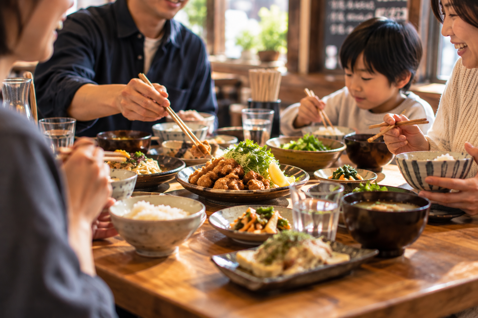 家族で食卓を囲み、笑顔で食事を楽しむ子どもと大人